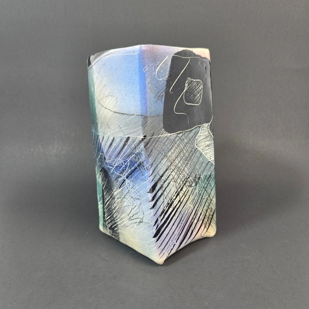 Abstract Studio Pottery Square Vase Signed Artisan Ceramic Slab Built Blue Teal